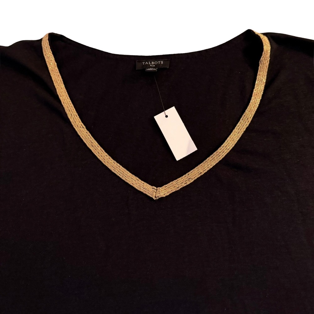 Talbots Black V Neck Top Women's 2X Metallic Gold Trim Short Sleeve Knit Casual - Picture 4 of 8